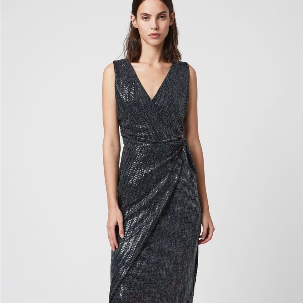 ALLSAINTS Allegra Wrap Shimmer Dress Sparkling Black Evening Dress